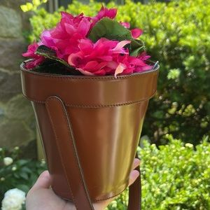 Moschino Flower Pot Bag Purse Pink flowers floral brown Italy garden vintage